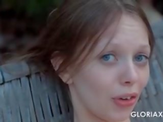 Russian Cutie Gloria Rubbing Bald Pussy Outdoor