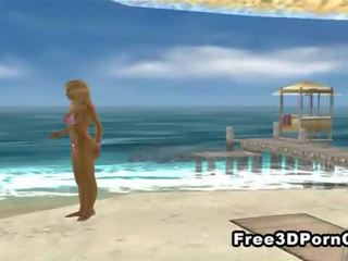 Quente 3d desenho animado loira masturbação em o praia